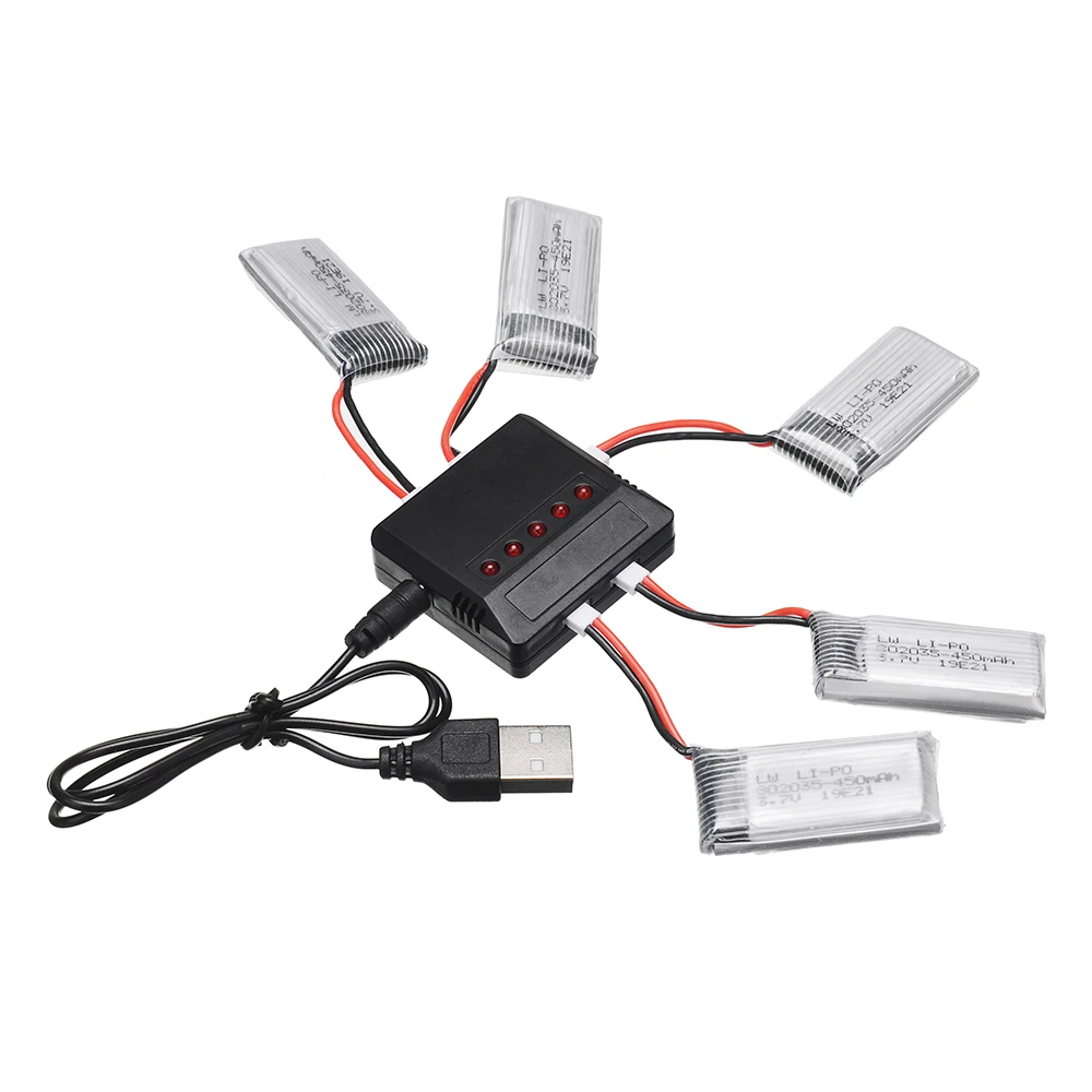 3.7V 450mAh 802035 Lipo Battery with 5in1 Battery charger box set for H107 H31 KY101 E33C E33 U816A V252 H6C RC Quadcopter Drone