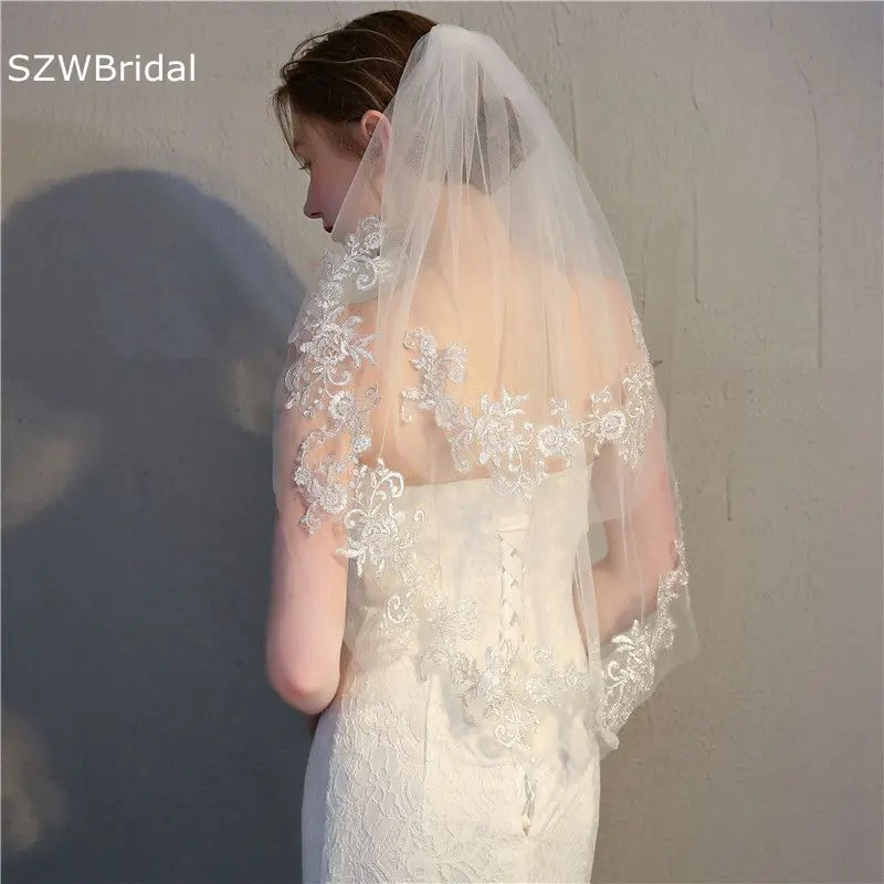 Nuovo arrivo due strati velo da sposa corto pizzo Applique veli da sposa Casamento Boda accessori da sposa economici Velos de novia