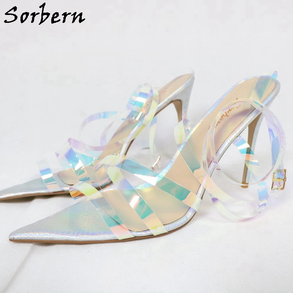 

Sorbern/женские сандалии, обувь на высоком тонком каблуке, большие размеры, красочные сандалии из ПВХ с острым носком, Sandalias Mujer, 2019, сандалии из змеиной ткани