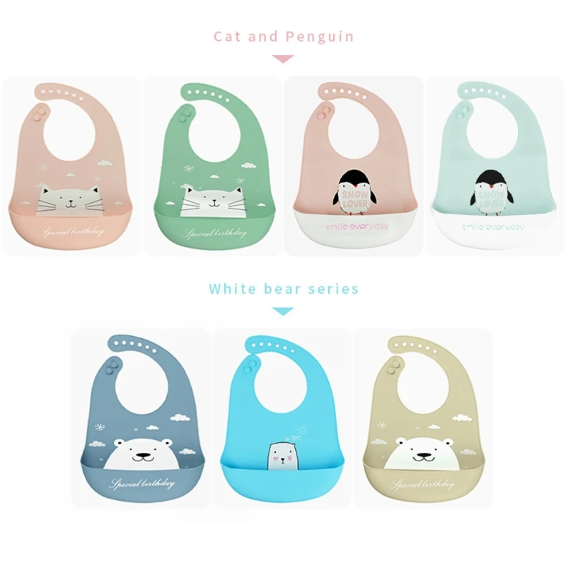 Cartoon Soft Silicone Baby Bibs Waterproof Adjustable Toddler Girls Boys Feeding Food Catcher Roll up Pocket Baby Feeding Apron