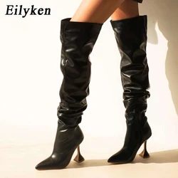 Eilyken stivali sopra il ginocchio in pelle plissettata bianca Fashion Runway strani tacchi alti Sexy Zip Design scarpe da donna