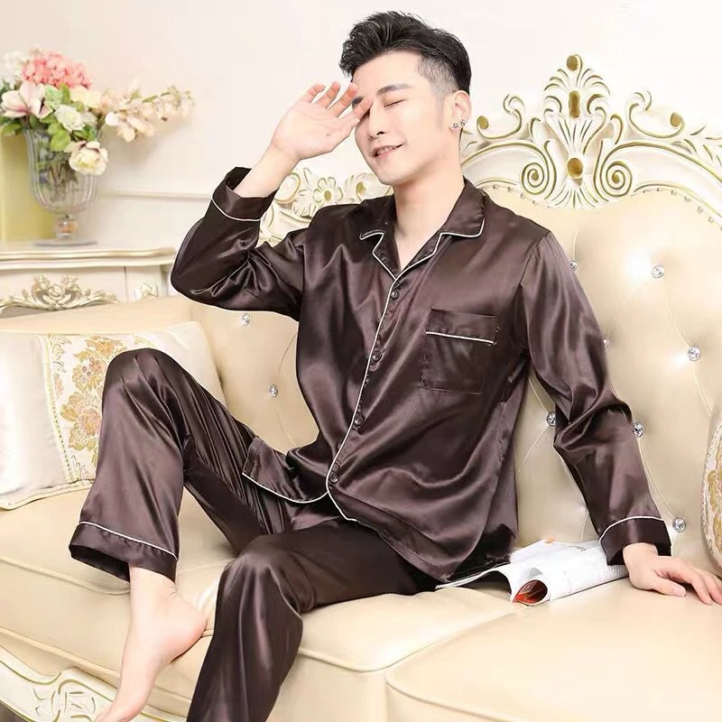 2021 Zijden Pyjama Plus Size Mannen Effen Leuke Pyjama Voor Mannen Zomer Nachtkleding Pyjama Tweedelige Set Satijn Zijden Pyjama loungewear