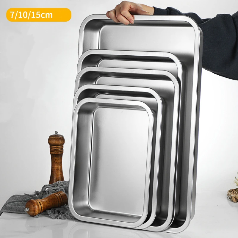 Stainless Steel Rectangle Storage Tray Deepened Serving Dishes Buffet Fruits Plates Square Freezer Basin Kitchen Accessories
