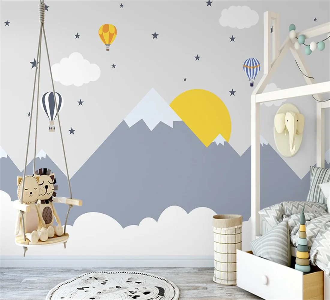 

Customize Nordic wallpaper hand-painted geometric snow mountain hot air balloon children's room background wall wallpaper