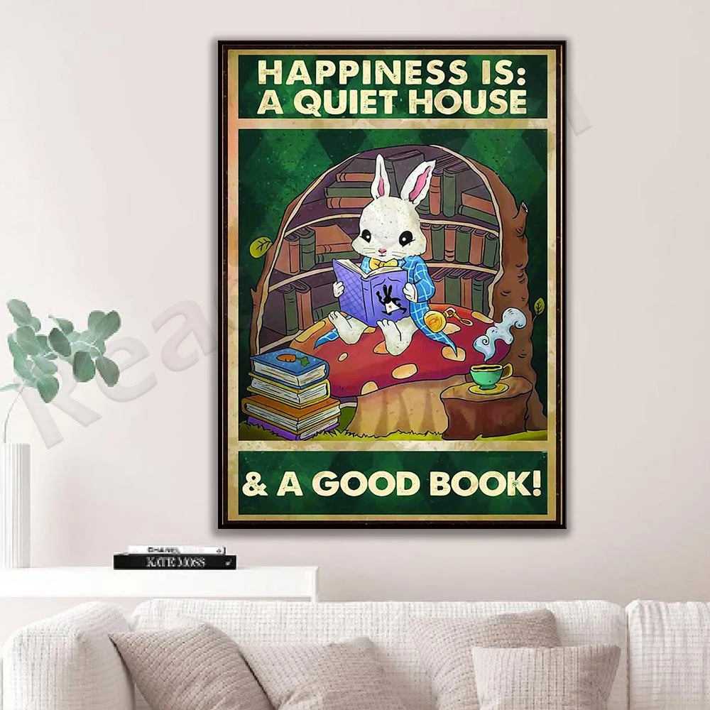 Rabbit Librarian Canvas Poster Happiness is a Quiet Home and a Good Book Decorative Canvas Printed Gift