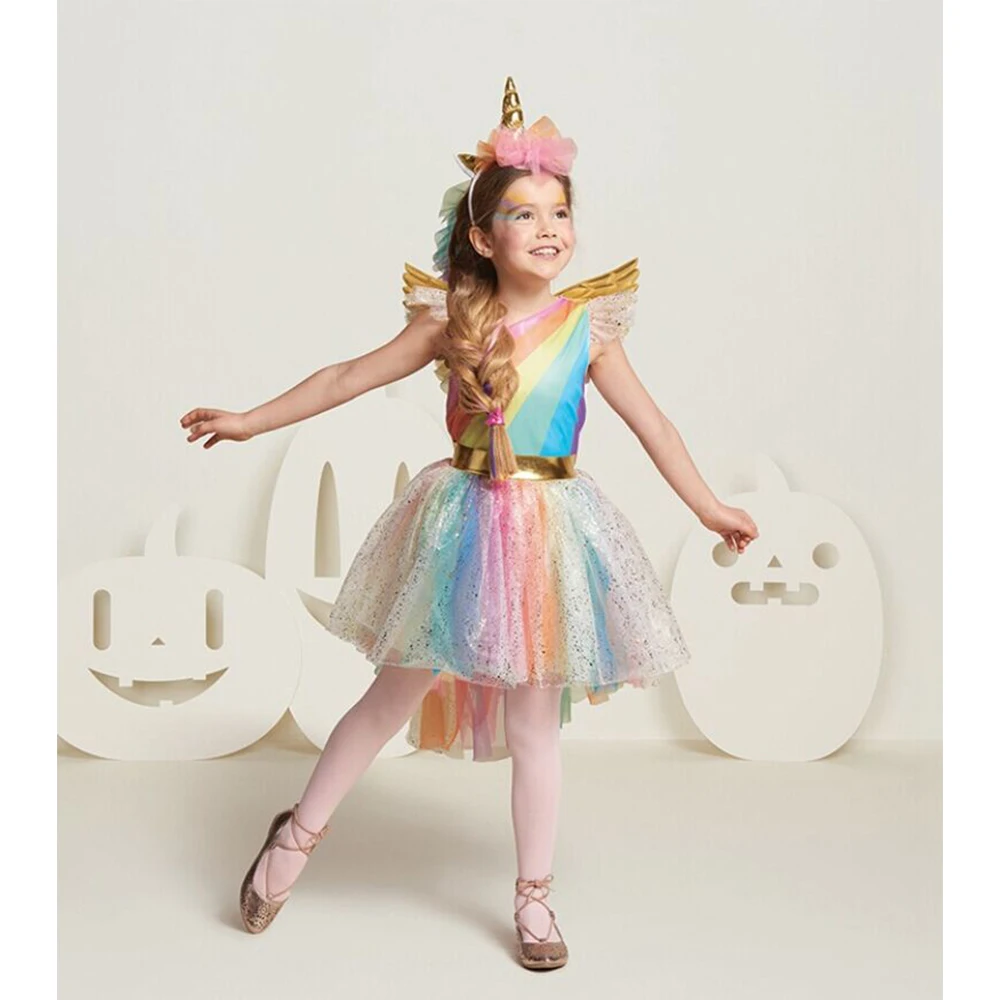 Girl Halloween Rainbow Pony Costume Infant Unicorn Dress Horse Girl Flutter Sleeve Glitter Pony Dress Angel Wings Headband Kids