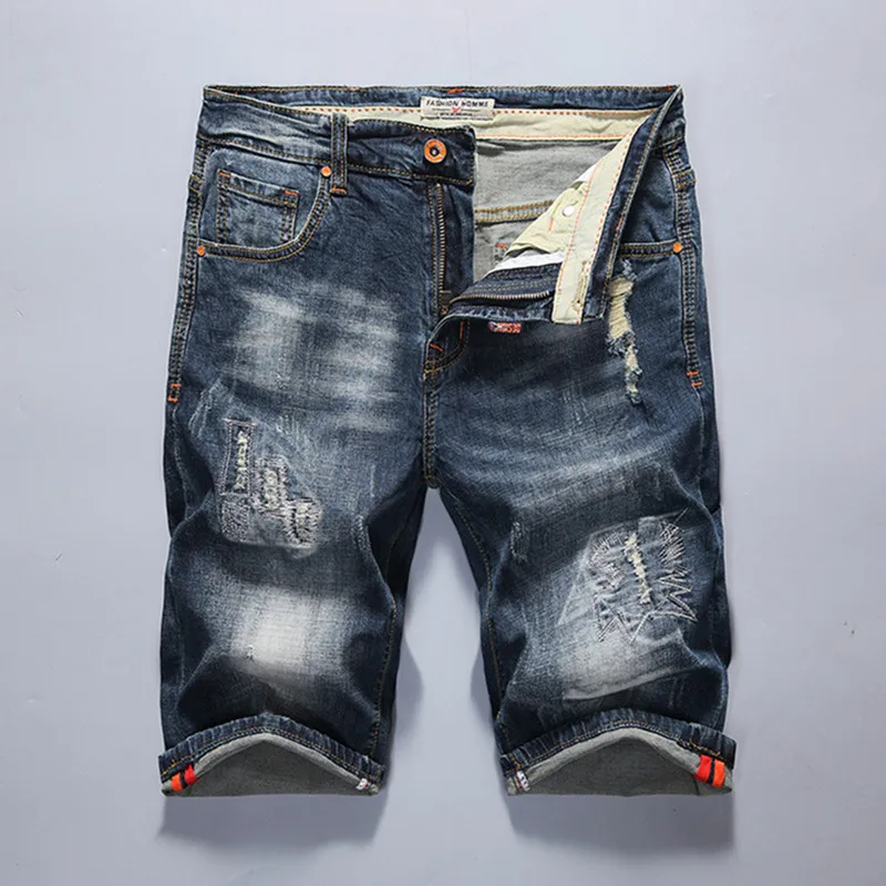 

EL BARCO Denim Shorts Jeans Men Summer Cotton Hip Hop Knee-Length Slim Blue Pants Soft Ripped Hole Scratch Casual Male Trousers