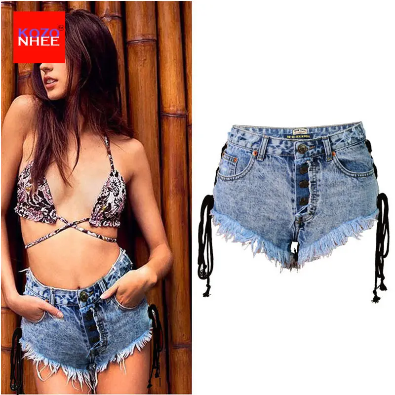 Vintage Snowflake Inelastic Women Denim Shorts With high Waist Straps Tassel Female Summer Shorts For Women\'s jeans