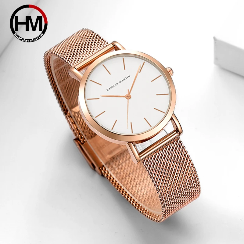 Hannah Martin Quality Stainless Steel Band Japan Quartz Movement Waterproof Women Full Rose Gold Ladies Luxury Wrist Watch