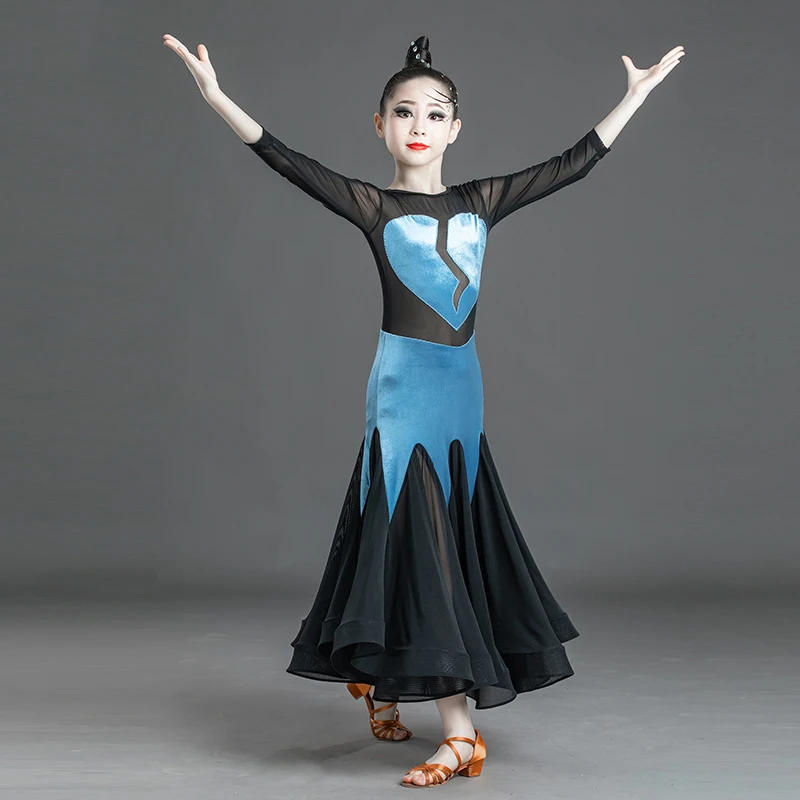 Novos vestidos de competição de dança de salão crianças veludo costura malha meninas valsa vestido flamenco palco desempenho wear dn6166