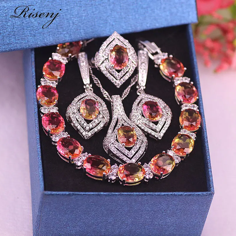 Amazing Unique Zircon Color Rainbow Pink Egg Silver 925 Jewelry Luxury Earrings Ring Necklace Bracelet Set Bridal Jewelry