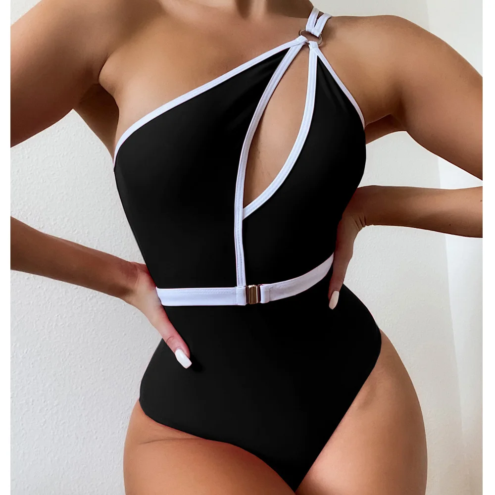 VigoCasey Hollow Out One Shoulder Swimwear Women 2025 Sexy One Piece Swimsuit Female High Waist Monokini Solid Belt Bathing Suit