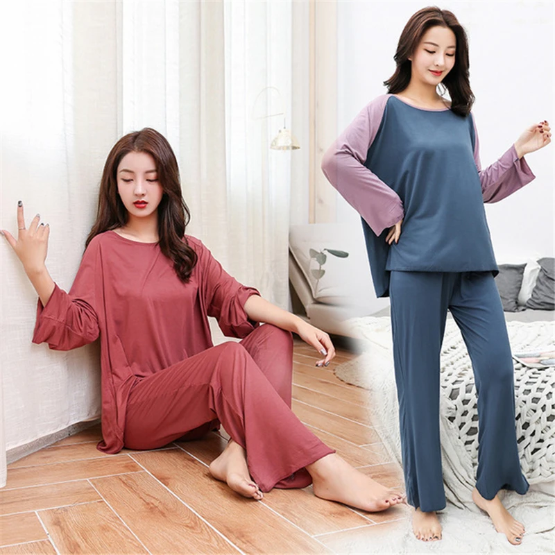 

Modal pajamas suit female spring and summer long-sleeved trousers 2PC home service high quality soft pajamas seksi gecelik