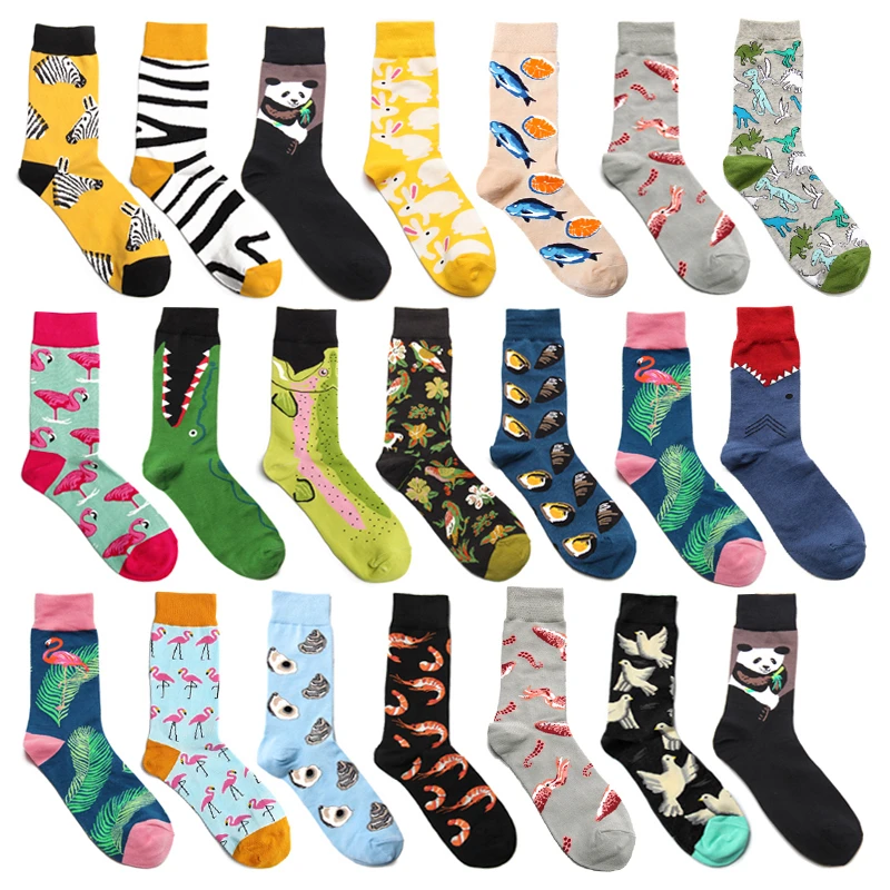 Men Socks Cartoon Flamingo Panda Crocodile Zebra Stripes Colorful Happy Funny Korea Harajuku Hip Hop Skate Street Cotton Socks