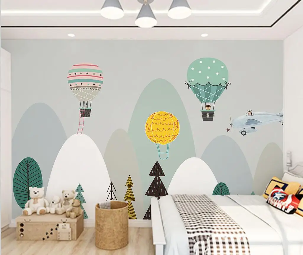 

Custom Nordic Hot air balloon mountain range Cartoon airplane TV background wall children's room papel de parede 3d wallpaper