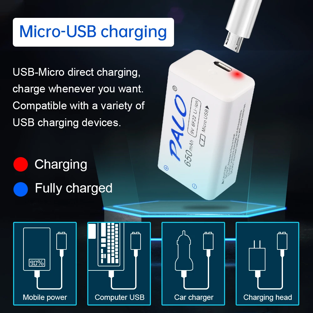 9V Li-ion Rechargeable Battery 6F22 650mAh Battery 9v Lithium Battery for Toy Remote Control KTV Multimeter Microphone with Usb