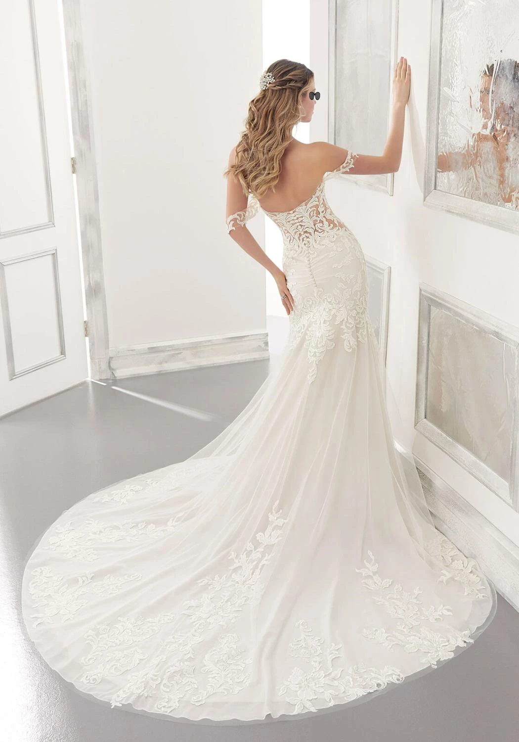 Sheer Lace Mermaid Wedding Dress Off งาช้าง Tulle Appliques ต่ำกลับ Gowns แต่งงาน Boho งานแต่งงานชุดเดรสปาร์ตี้ Sweetheart