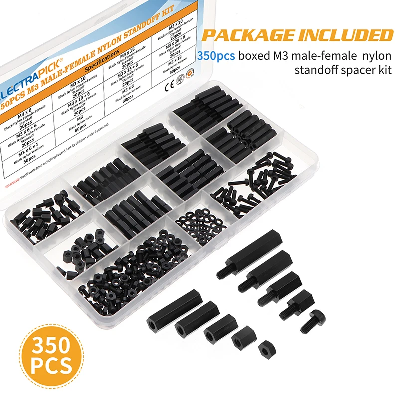 

350Pcs M3 Black Nylon Double Pass Spacing Hex Screws Nylon Standoff Spacer Flat Head Column Double Passage Nylon Plastic