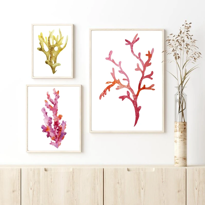 Corals Art Print Wall Pictures Home Decor  , Watercolor Cora Print Wall Art Hanging Bathroom Canvas Painting Nautical Decoration