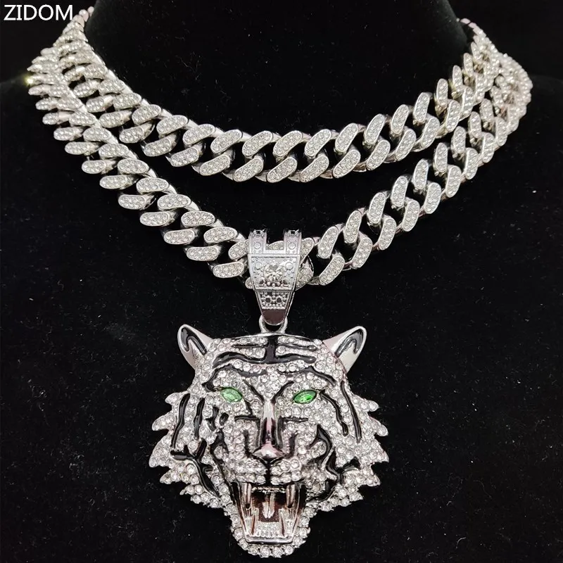 Hip Hop 3D Tiger Pendant Necklace with 13mm Crystal Cuban Chain HipHop Iced Out Bling Necklaces Men Women Fashion Charm Jewelry