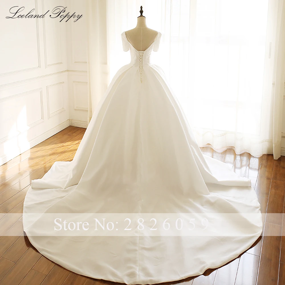 Lceland Poppy Elegant A-line Satin Wedding Dresses Pleated Floor Length Short Sleeves Bridal Gowns Chapel Train