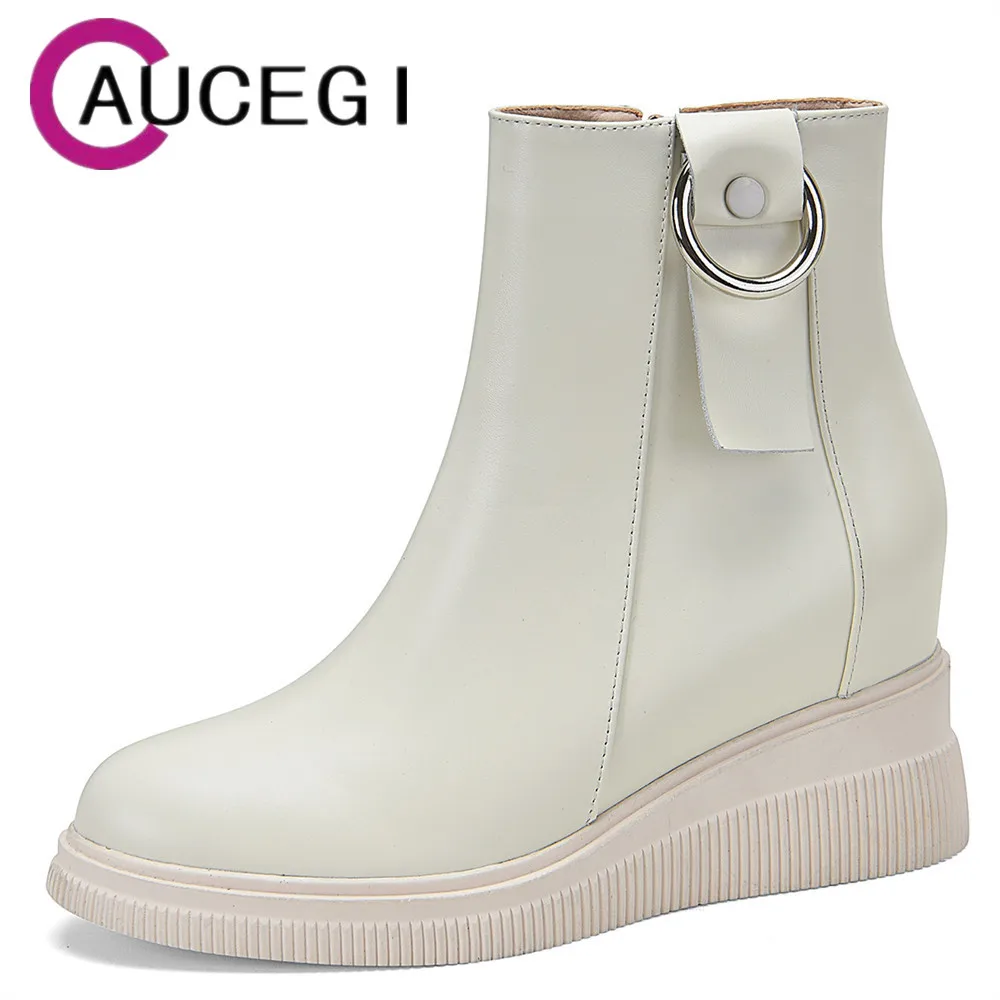 

Aucegi 2022 New Autumn Winter Women Genuine Leather Wedges Ankle Boots Height Increasing Platform Round Toe Zipper Shoes