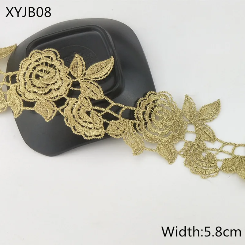 5.8CM Width 5Yards Gold Lace Flower Trim Ribbon Glitter Crocheted DIY Craft Sewing Supplies