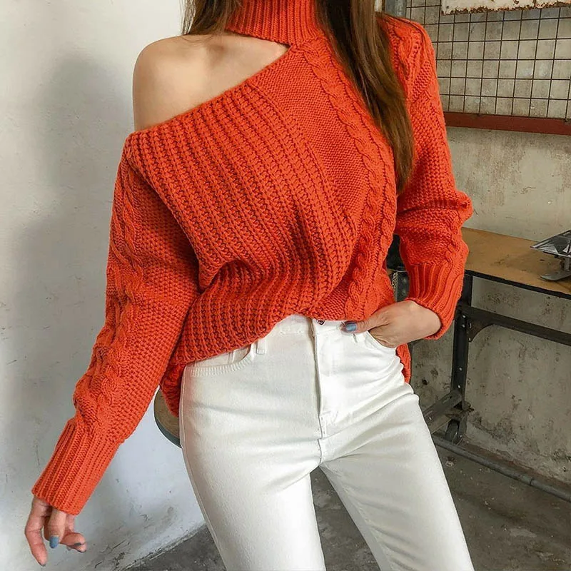 

2020 Winter Women Korean Knitted Sweaters Solid Casual One Shoulder Pullover Basic Jumper Autumn Turtleneck Sweater Female