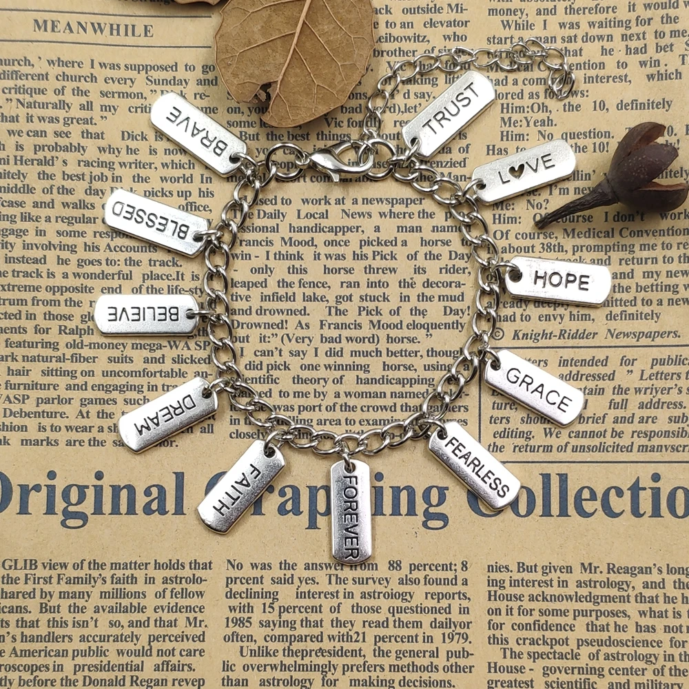 Retro Silver Plated Inspirational Language Style Engraved Passion Blessing Words Series Chain Bracelet Male Gift CW041-042