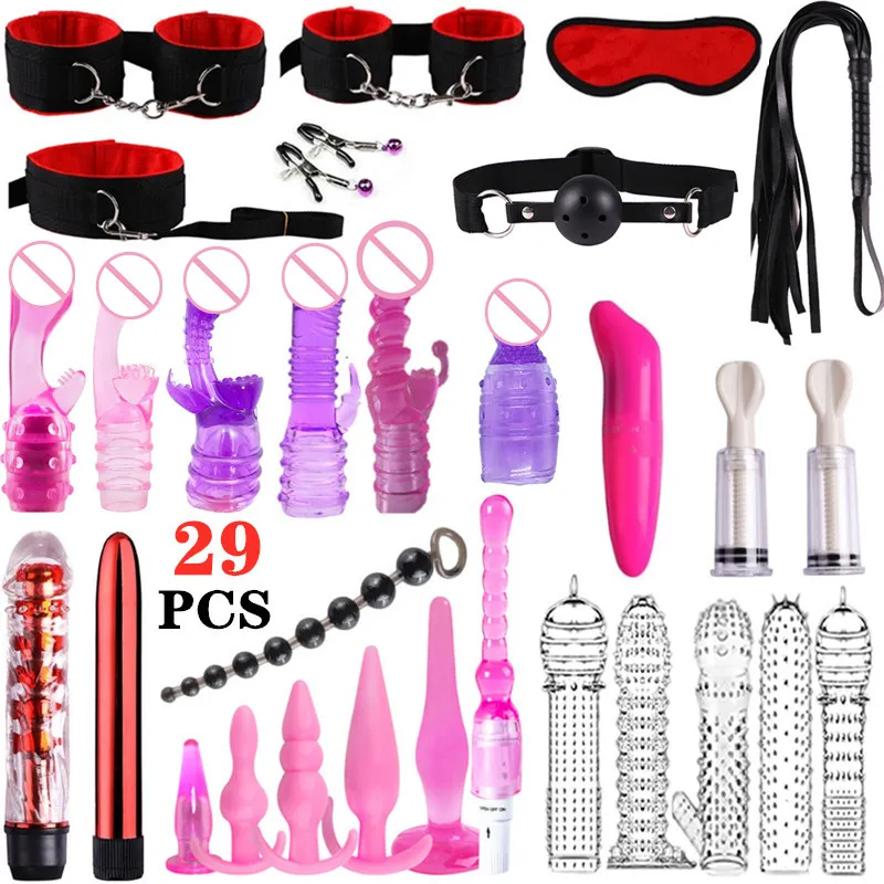 35Pcs BDSM Bondage Restraint Sex Handcuff Dildo Vibrator Masturbation Couple Anal Plug  Erotic Sex Product Adult Sex Toy Kit