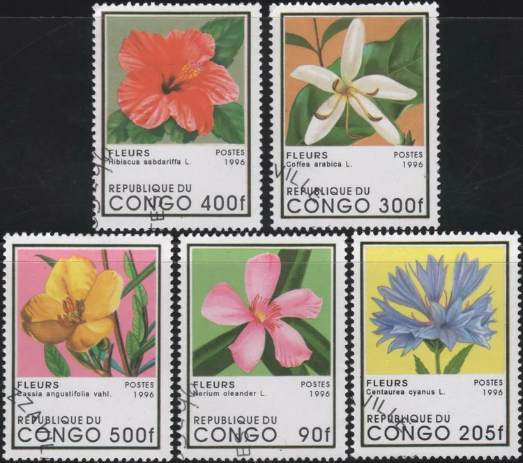 5Pcs/Set Congo Post Stamps 1996 Flower Plants  Marked Postage Stamps for Collecting