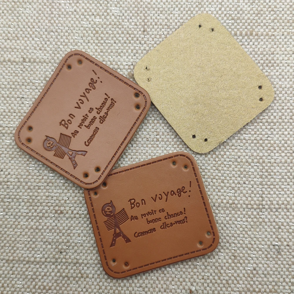 Bon Voyage With French Tower Handmade Leather Patch For Clothing Hand Made Pu Leather Tag With French Tower Handmade Label