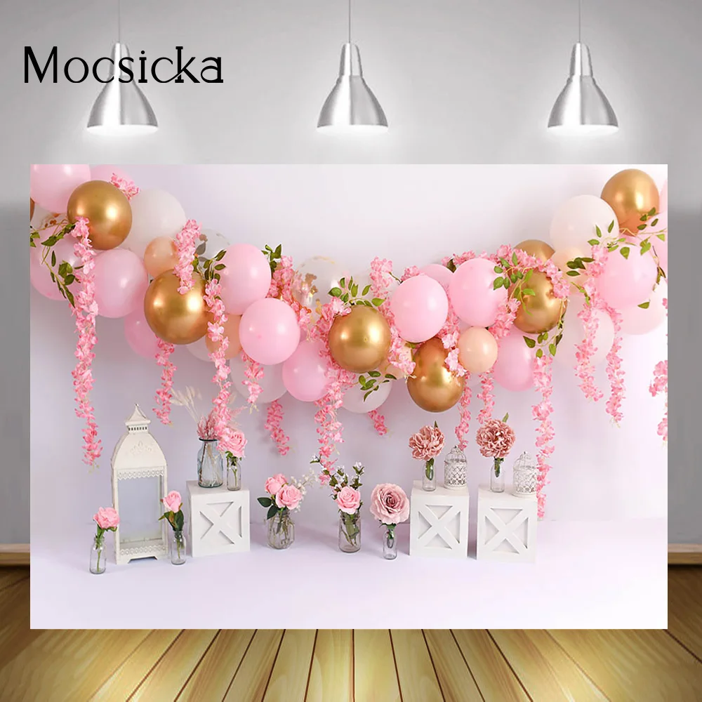 Pink Flowers Girl Birthday Portrait Backdrop Balloons White Wall Sweet Newborn Princess Cake Smash Photo Background Photoshoot