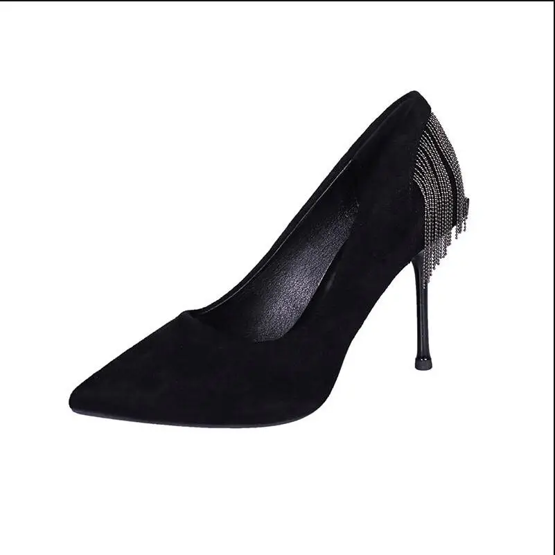 Fashion Single Shoe Woman,High Heels Sexy Chains Tassels, Women Pumps, Pointed toes ,Slip-On ,Female Black OFFICE Shoes,BLACK