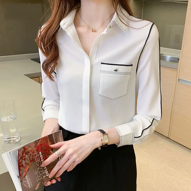 Fashion Bright Line Button Pockets Shirt Office Lady Elegant Chic All-match Shirts Solid Long Sleeve Lapel Casual Women\'s Blouse