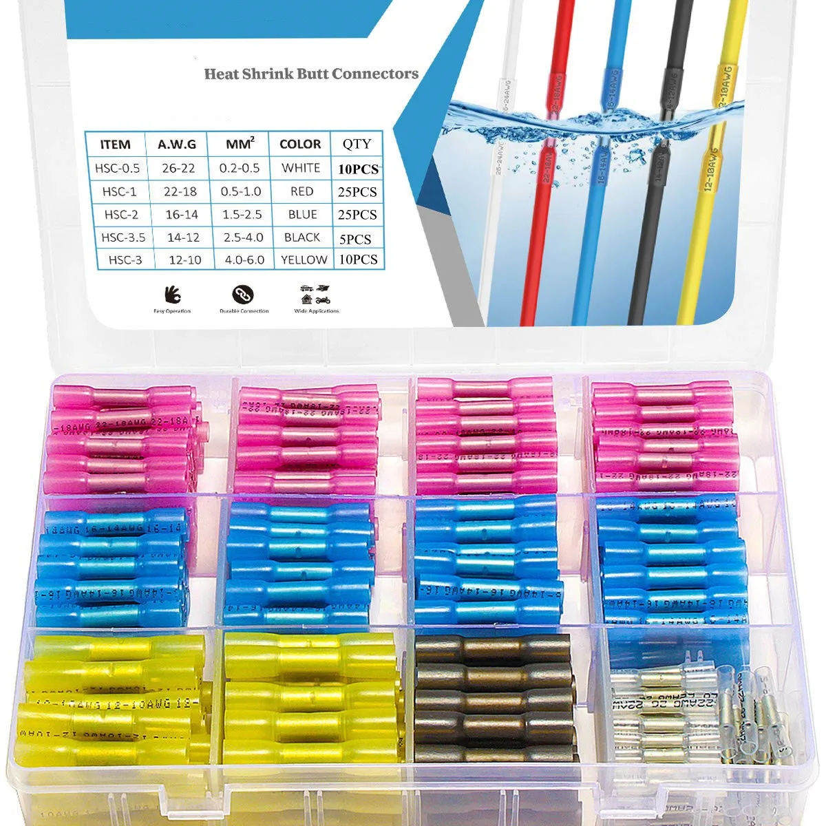 

Butt Terminals 10-26AWG Heat Shrink Butt Connectors Kit,5Colour 5Size Waterproof Insulated Electrical Straight Wire Terminal Set