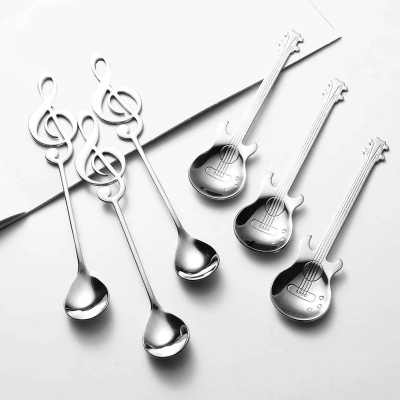 Cucharas de yo-café calientes, paquete de 6 cucharas creativas y bonitas de acero inoxidable con forma de notación Musical del personal (3 + 3 notas musicales guitarras)