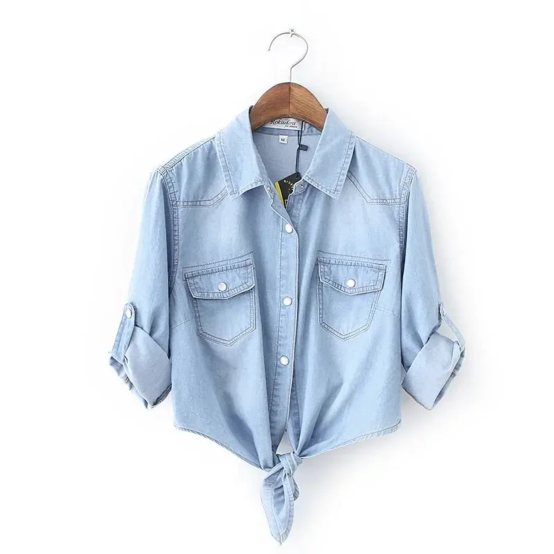 UHYTGF Spring Summer Denim Shirt Ladies Thin Sunscreen Clothing Elegant Women\'s Short Tops 3XL Big Size Jeans Blouse Women 211