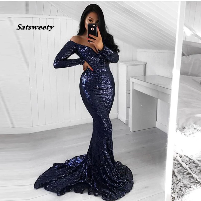 Navy Blue Floor Length Long Shiny Sequin Prom Dress Stretch Full Lining Padded Tight Green Gold Black Long Sleeve Evening Gowns