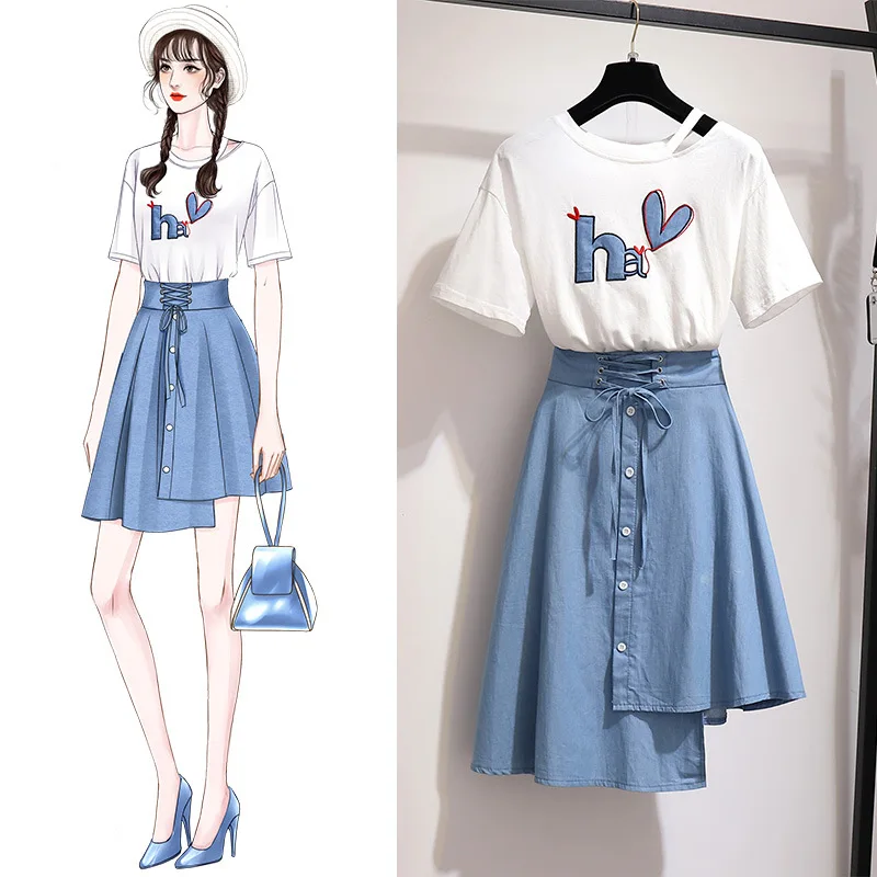 

S-3XL Sweet women 2 piece set white t-shirt 2 piece skirt set Korean plus size set 2019 summer outfit lace up student set