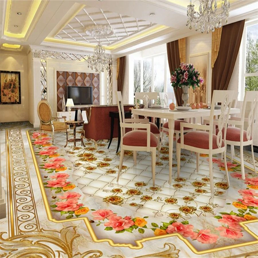 Custom floor painting 3D mural Jane European living room lobby luxury gold rose marble soft package parquet floor 3D floor tiles