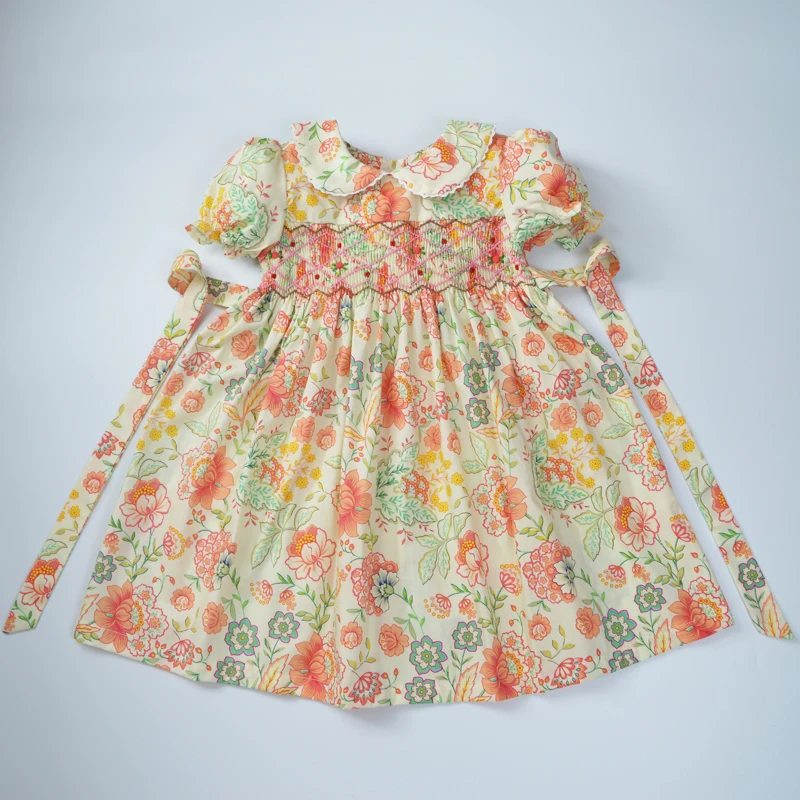 Summer handmade smocked floral dresses for girls 2021 kids vintage princess cotton dress age 1 2 3 4 5 6 little girl clothes