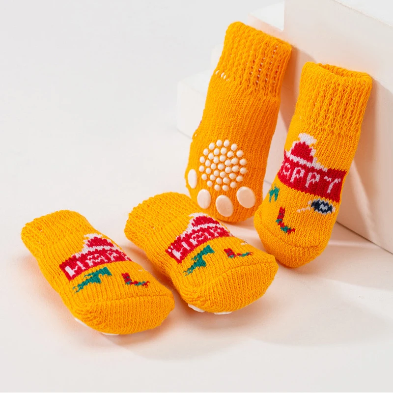 4pcs/Set Cute Puppy Dog Socks Cartoon Printed Anti Slip Knit Socks Winter Warm Puppy Shoes Small Medium Dogs Boots Pet Products