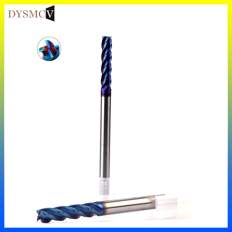 HRC65 End Mill 4mm Long 100mm 4Flute D4*100L 4T Solid Carbide Fat End Mills Straight Shank Blue Coated Milling Cutter Tool