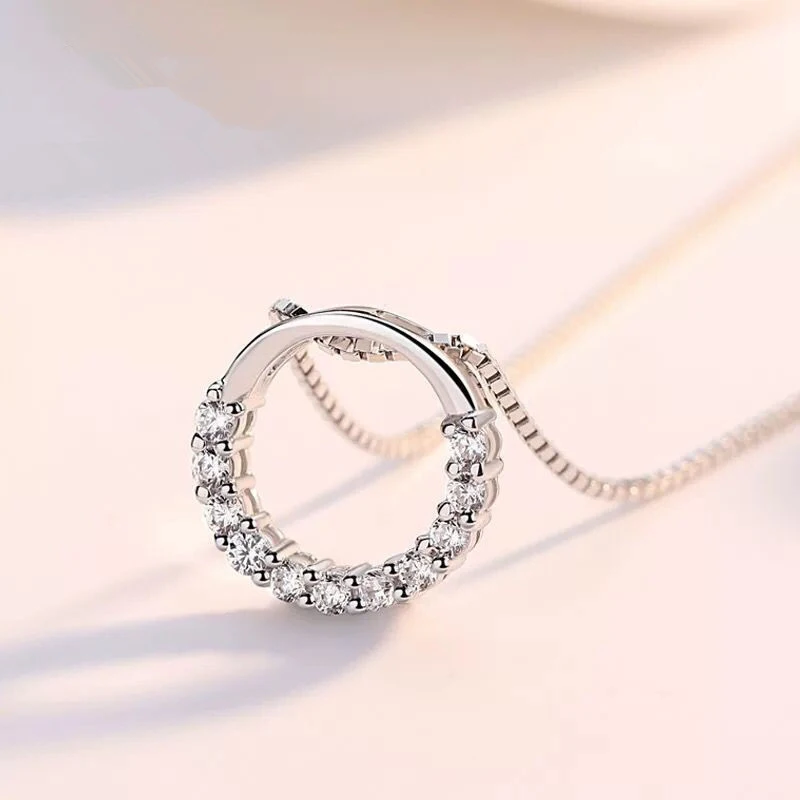 New Fashion 925 Sterling Silver Jewelry Fine Round Zircon Pendant Necklaces Women Gift Semi Circle Rhinestone CZ Clavicle Chain