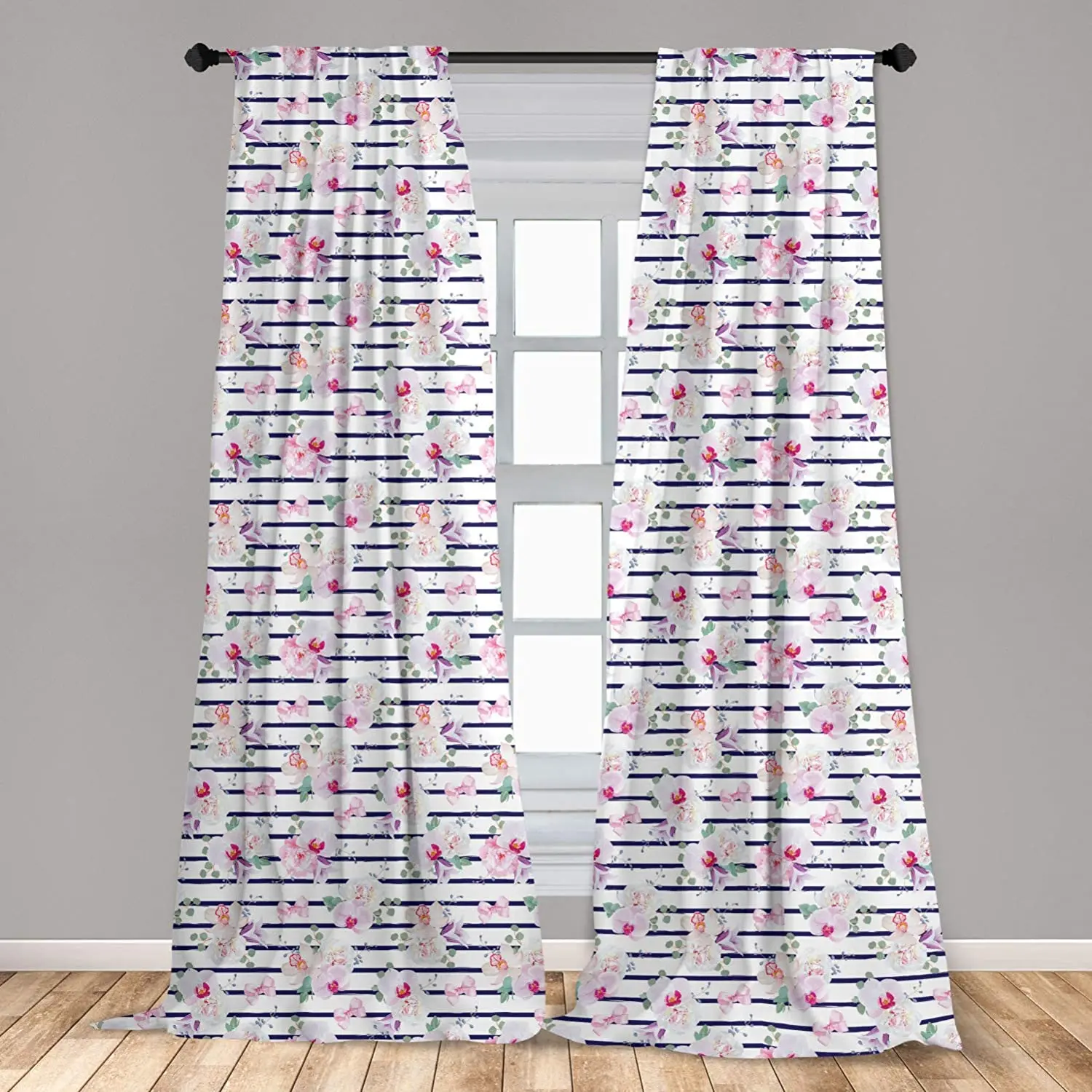 Purple and Blush Curtain for Kids Room Spring Bouquets Stripes Orchid Peony Bell Flowers Feminine Lightweight Window Drapes