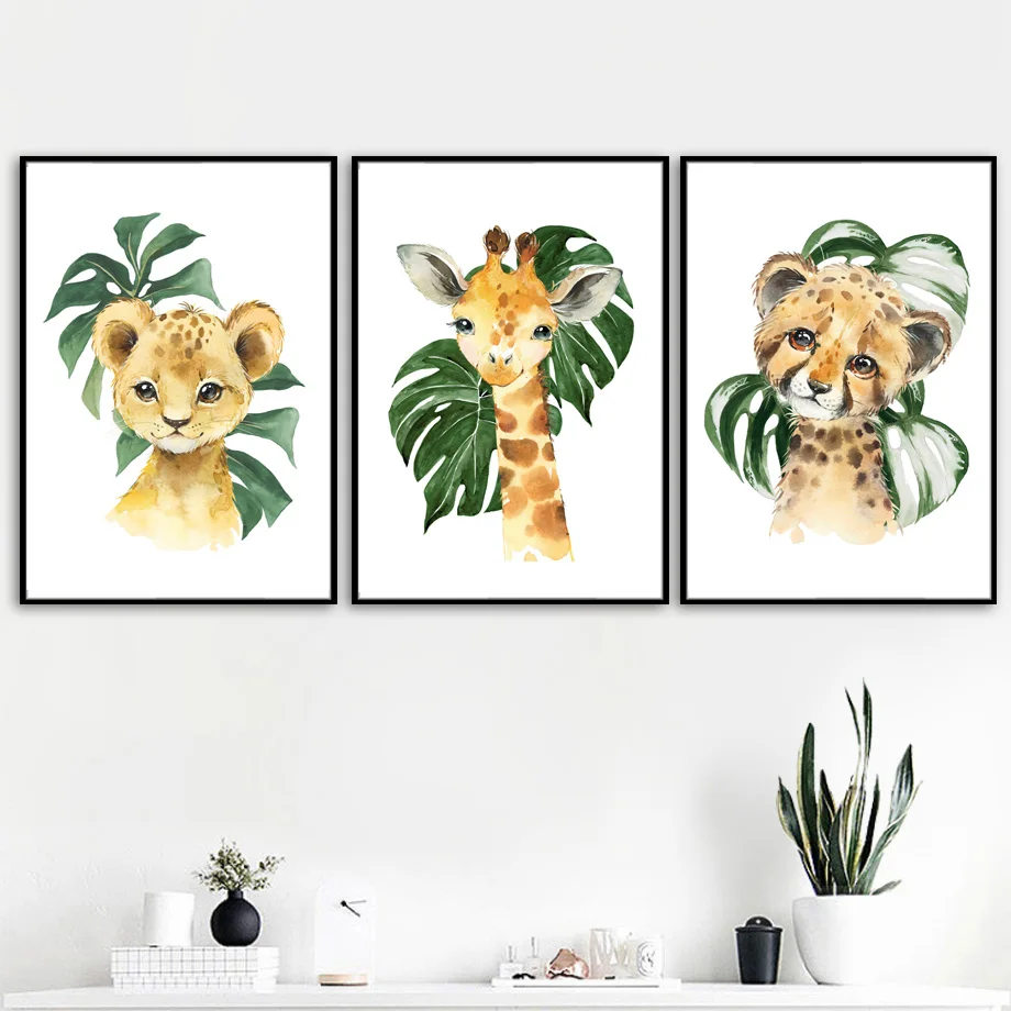 Baby Giraffe Tiger Horse Rhino Leaf Wall Art Canvas Painting Nordic Posters And Prints Animal Wall Pictures Baby Kids Room Decor