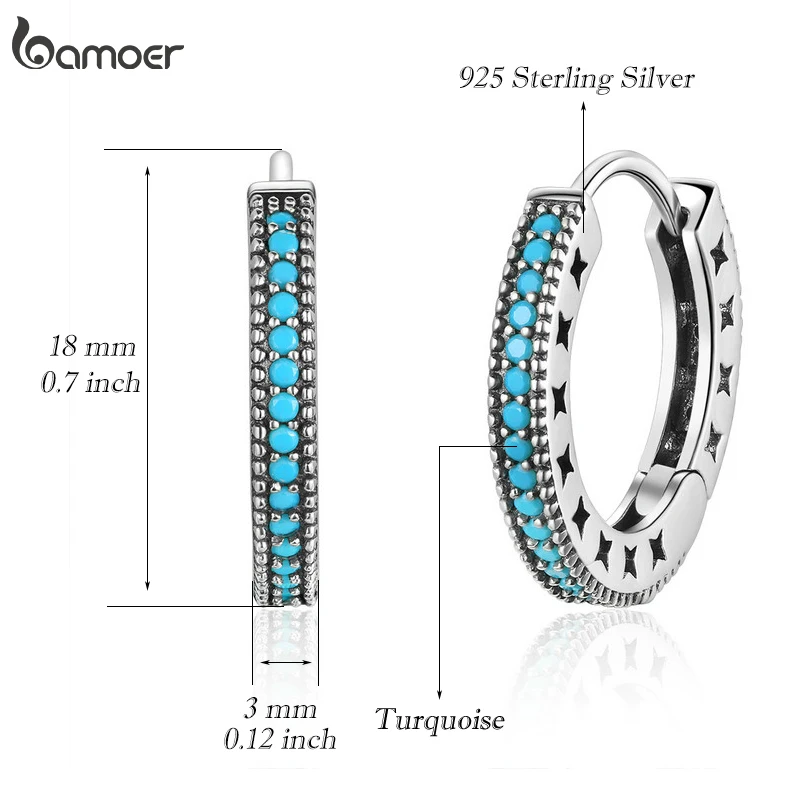 Bamoer Genuine 925 Sterling Silver Blue Turquoise Hollow Star Hoop Earrings for Women Geometric Silver Ear Buckles Jewelry Gift