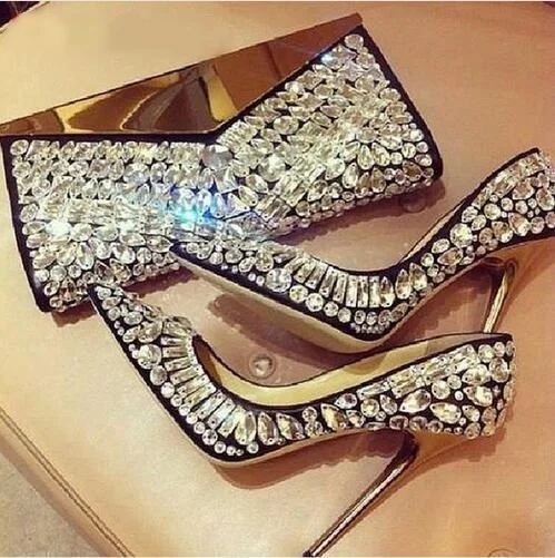 

Glitter Rhinestone Gold heel Pumps Plated High Heels Crystal Embellished Shoes Bling Bridal Woman Wedding shoes