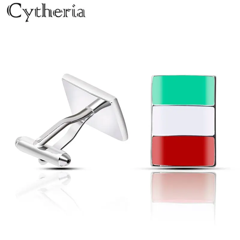 أزرار أكمام بتصميم العلم الإيطالي الرجالي ، أزرار أكمام مربعة باللونين الأحمر والأبيض والأخضر للرجال ، إكسسوارات حفلات العمل